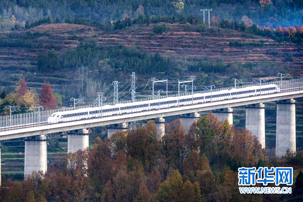 参加模拟运行的动车组列车通过秦岭南麓高架桥